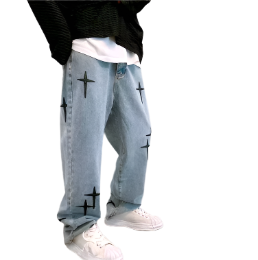 Men's Korean Style Cross-Printed Baggy Jeans