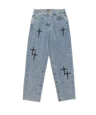 Men's Korean Style Cross-Printed Baggy Jeans